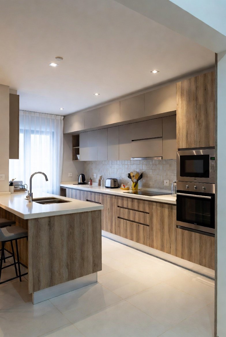 Modular kitchen with breakfast island and wood-finish cabinets in a Gurugram apartment