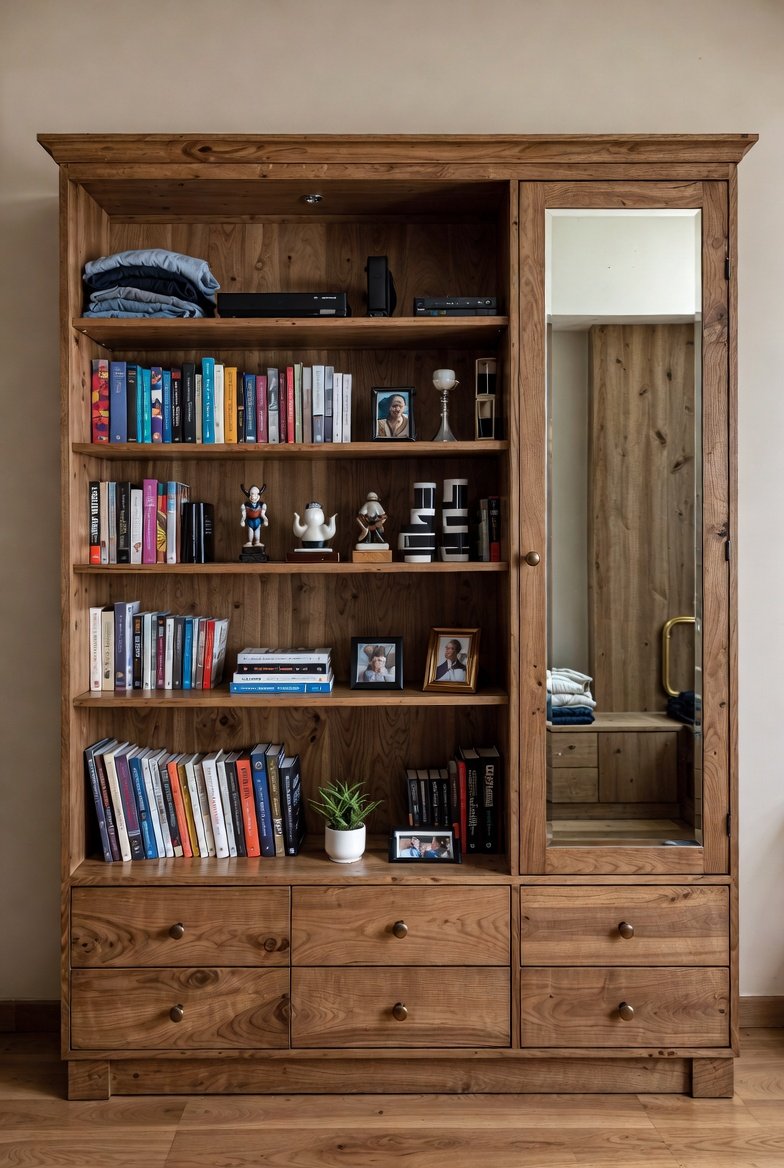 Custom wooden bookshelf and display unit with glass door made to order in Gurugram