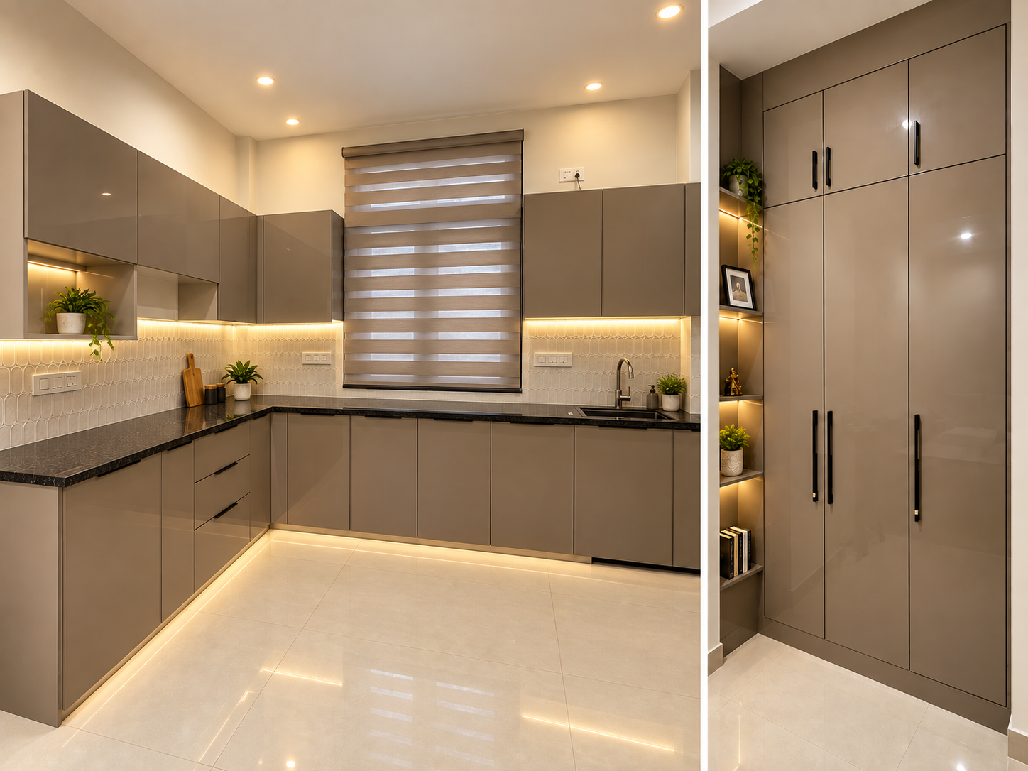 L-shaped modular kitchen with taupe cabinets, window blinds and tall storage unit in a Gurugram home