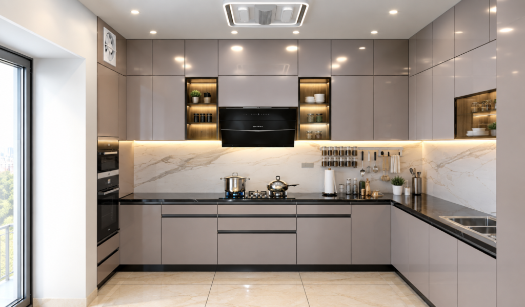 Modern U-shaped modular kitchen with grey glossy cabinets, marble backsplash and under-cabinet lighting in Gurugram