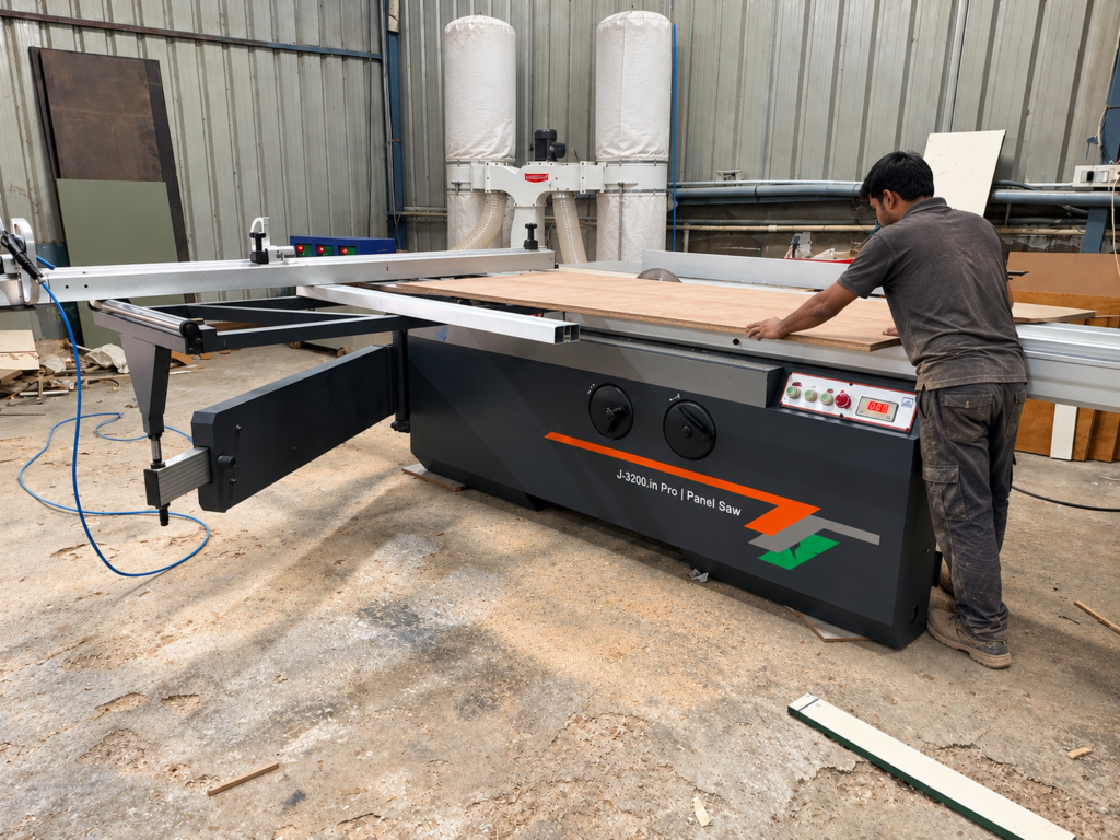 Carpenter operating a panel saw in the My Interior Company factory in Gurugram
