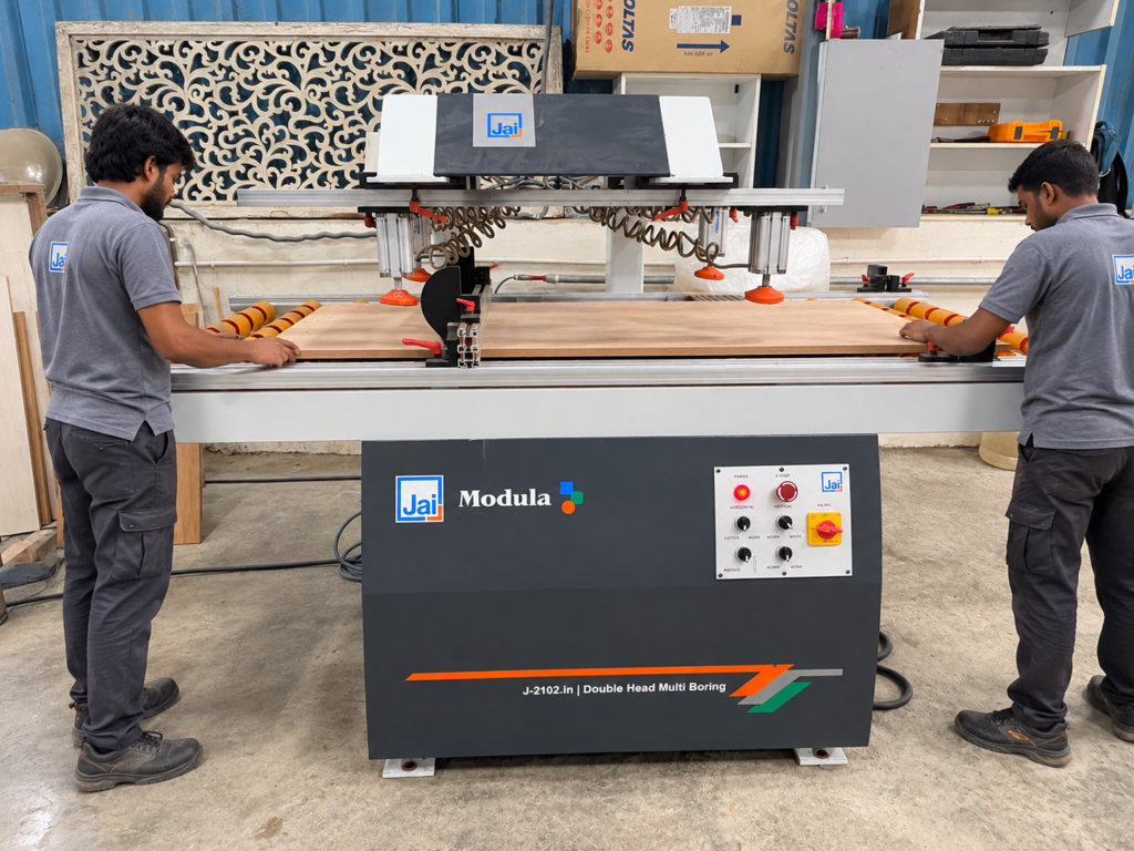 Workers cutting wood panels on a machine at the My Interior Company manufacturing unit