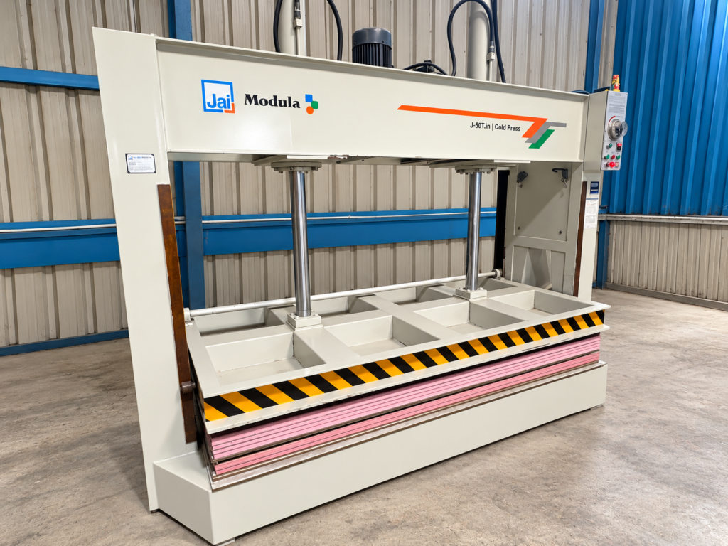 Cold press machine used to laminate panels at the My Interior Company factory